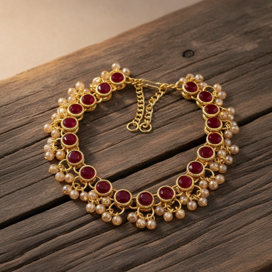Traditional Artificial Kundan Anklet – Red Stone & Pearl Detailing