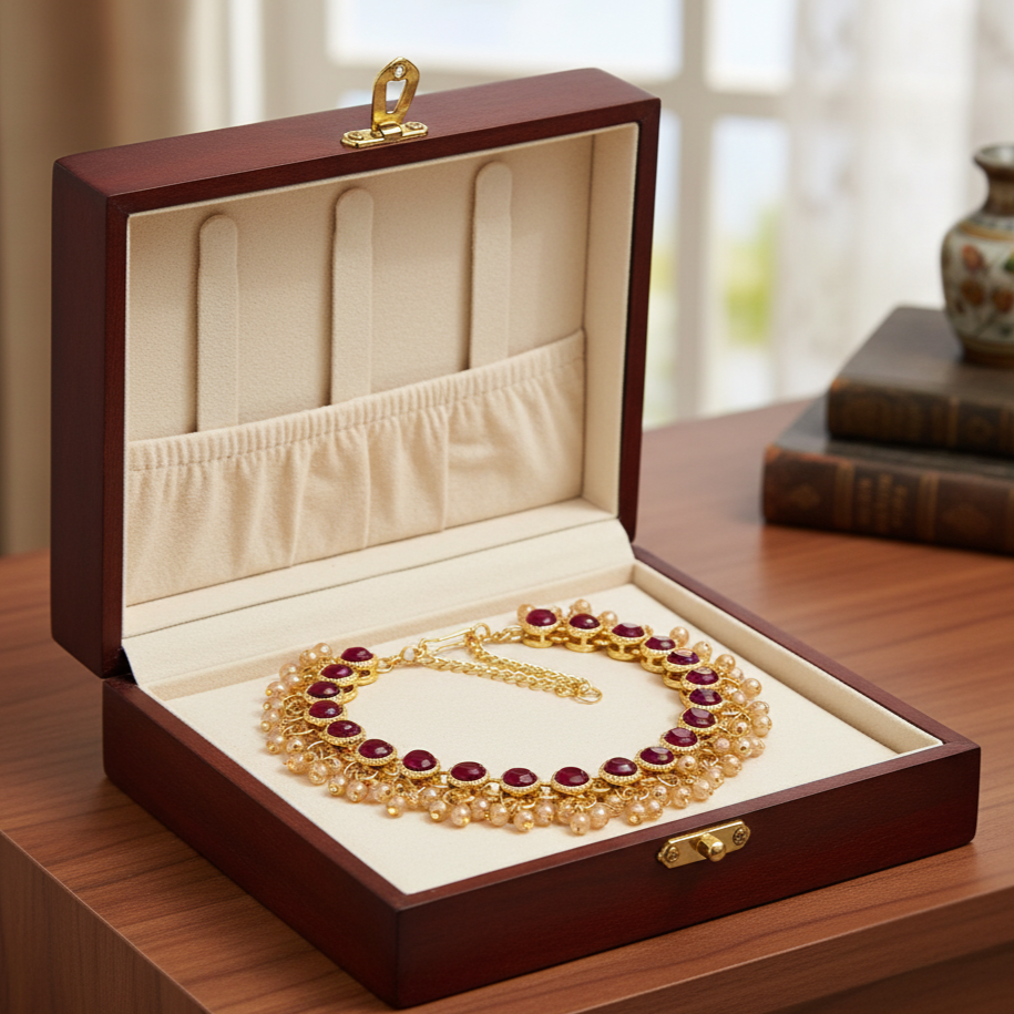 Traditional Artificial Kundan Anklet – Red Stone & Pearl Detailing